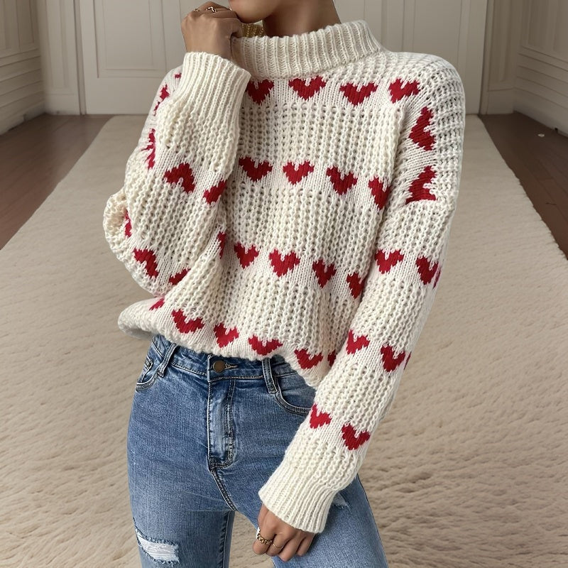 Street-wave Women Heart Pattern Rollneck Sweater Cozy Warm Turtleneck Knit For Winter