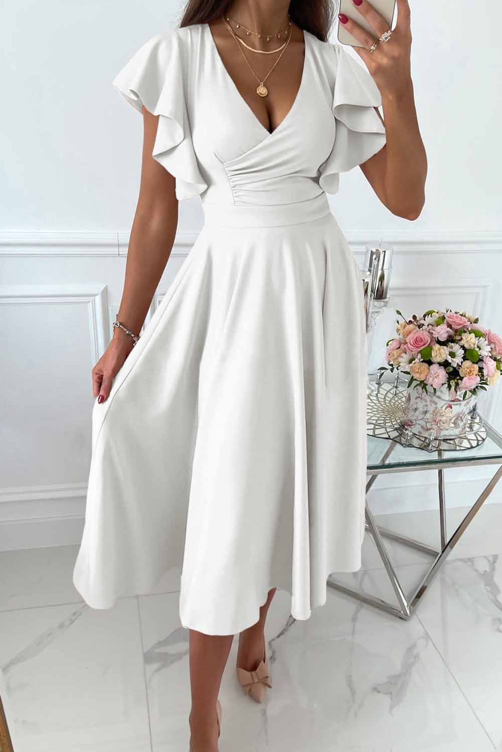 Street-Wave Women's Wrap Midi Dress With V Neck And Ruffle Sleeves