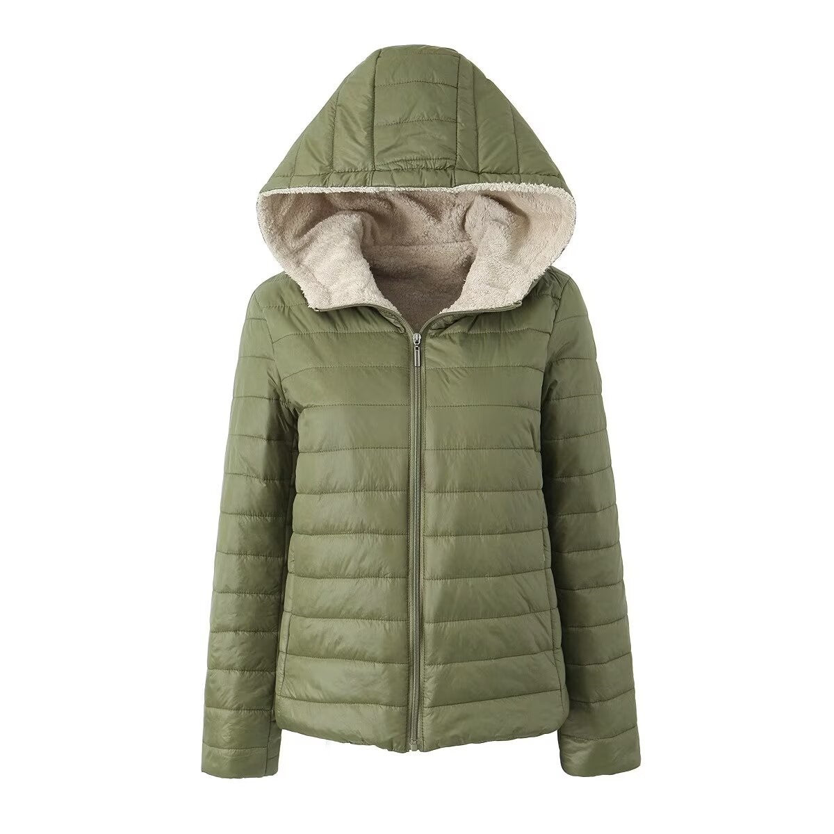 Street-Wave Womens Puffer Jacket With Fleece-Lined Hood Vegan Windproof Insulated Coat