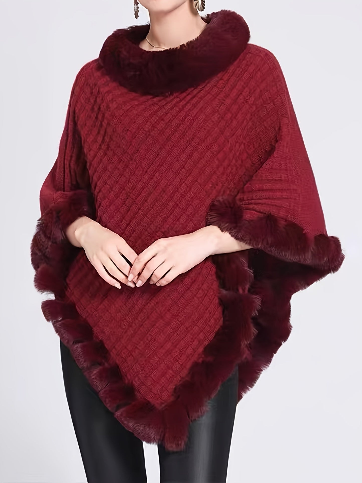 Street-wave Faux Fur Trim Poncho In Acrylic Knit With Luxurious Texture Elegant Warm Layer For Women