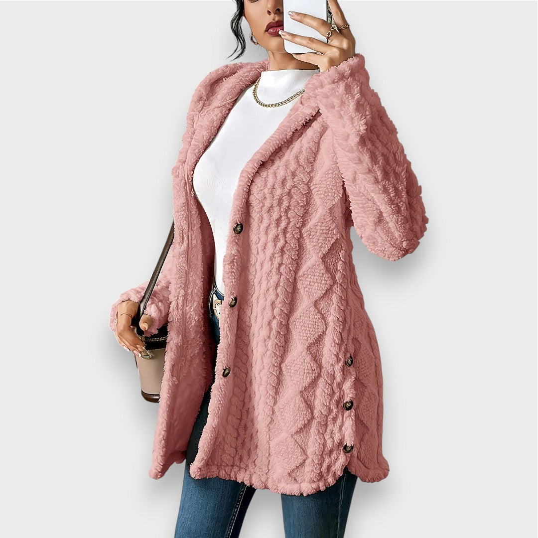 Street-Wave Plush Hoodie Cardigan For Women Ultra Soft Cozy Elegance With Refined Knit And Button Details