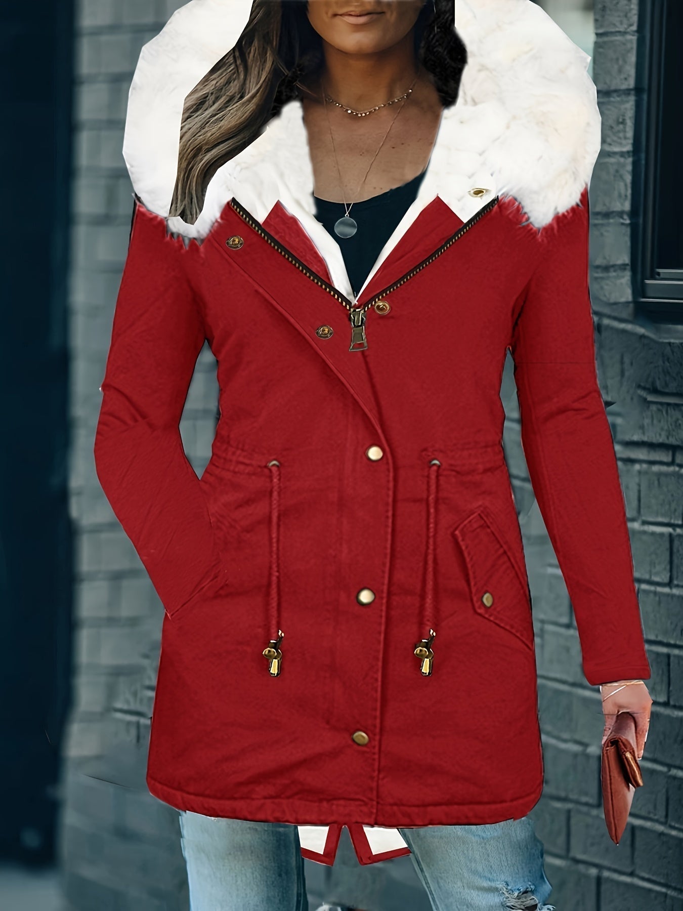 Street-wave Parka Coat With Faux Fur Hood Drawstring Waist For Women Warm Cozy Comfort