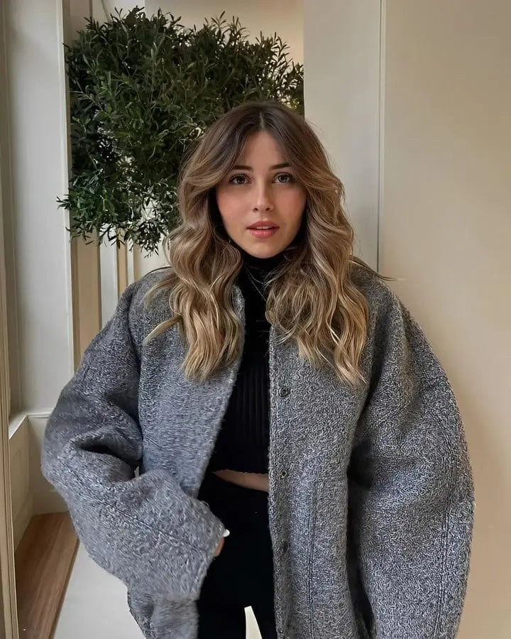 Street Wave Oversized Fleece Bomber Jacket With Snap Closure For Women Cozy Everyday Style