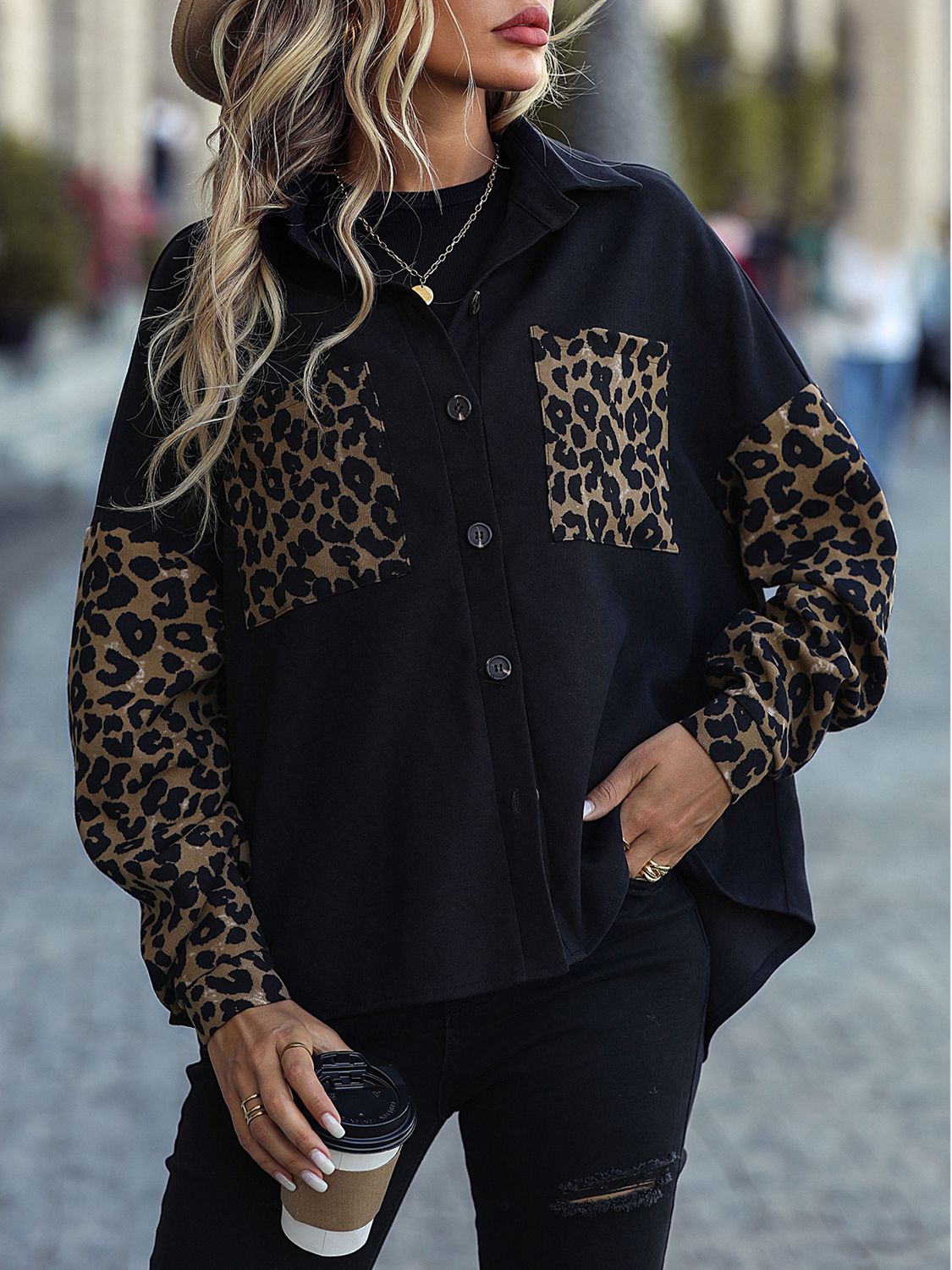 Street-wave Leopard Print Sleeve Jacket For Women Versatile Pockets Casual Chic Outerwear