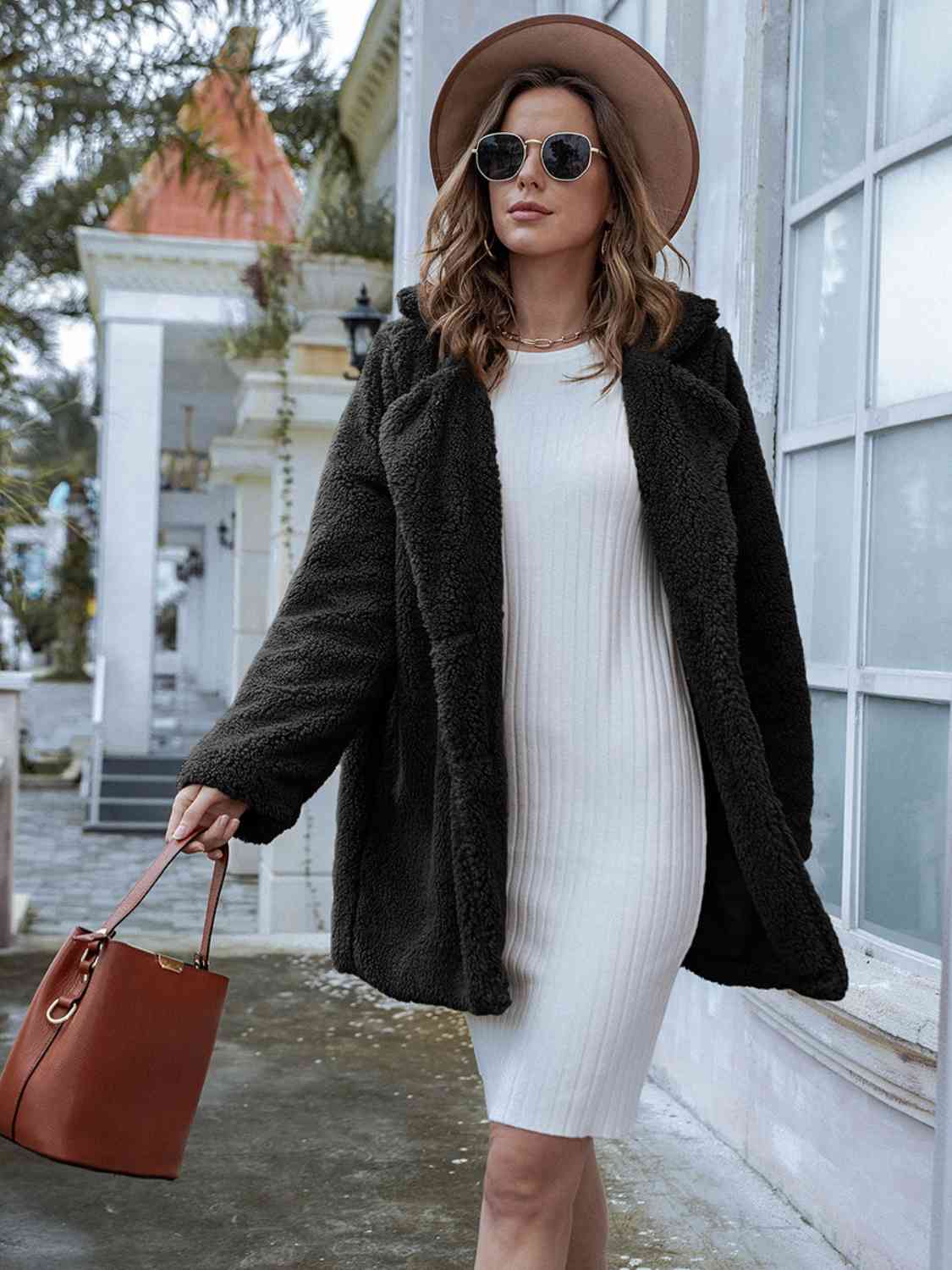 Street-Wave Teddy Coat With Pockets For Women Cozy Plush Faux Fur Warm Outerwear