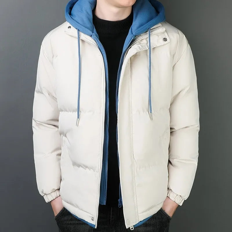 Street-wave Men's Windproof Puffer Jacket With Heavy Cotton Insulation And Hooded Design