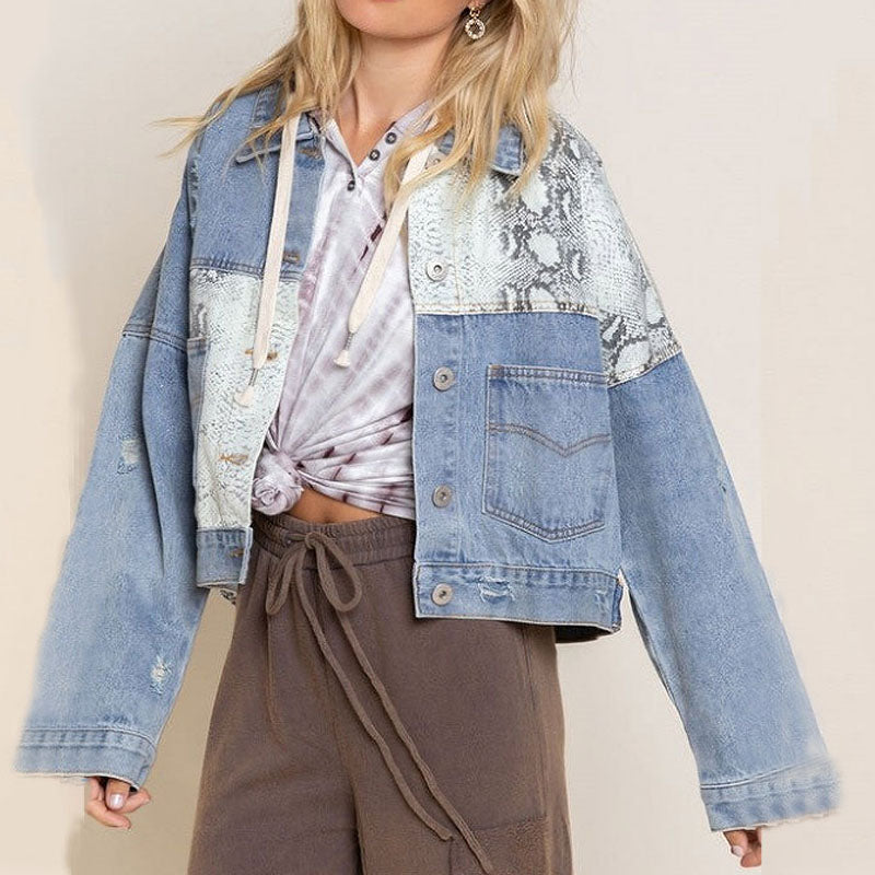 Street Wave Denim Jacket With Leopard Print Patch For Women Chic Trendsetting Everyday Wear