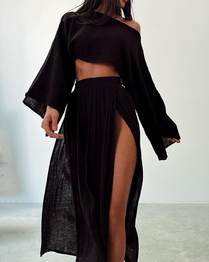 Gauze Breathable Two Piece Set Top Wide Sleeves High Slit Maxi Street Wave Women