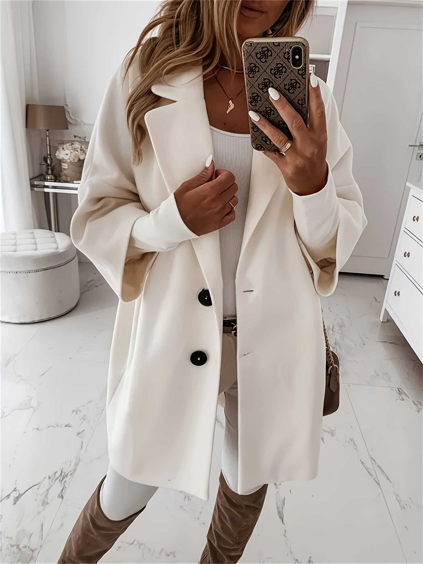 Streetwave Elegant Long Coat For Women With Large Buttons Classic Chic Polyester Outerwear