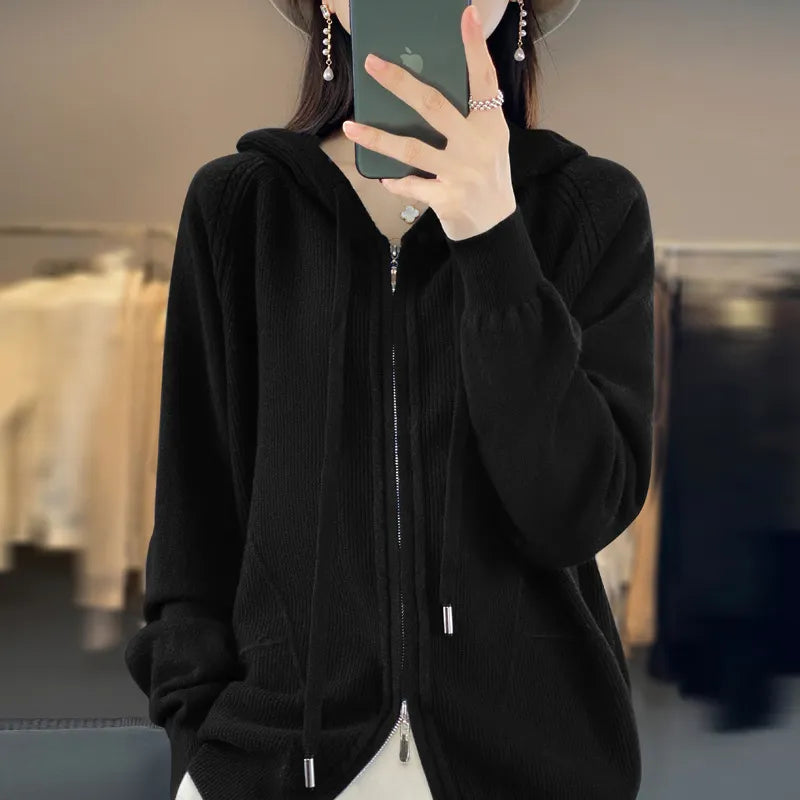 Street Wave Cardigan Cozy Pink Knit Zip Front Warm Hoodie For Women Autumn Winter