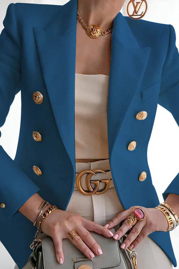 Street-Wave Knee Length Blazer For Modern Women With Gold Button Double Breasted Style