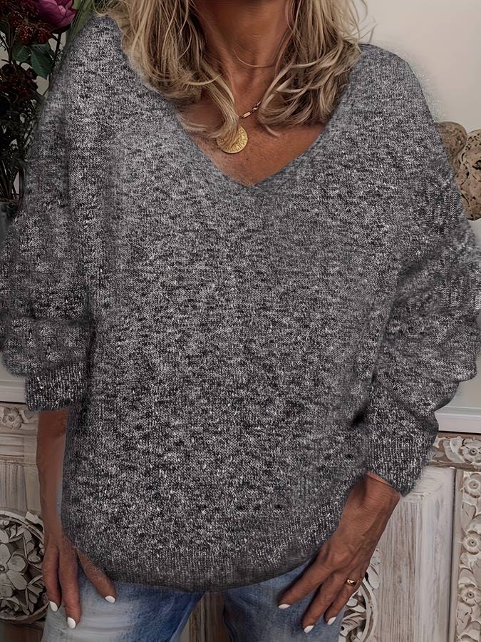 Street-Wave Oversized V-Neck Sweater for Women Cozy Knit Pullover Soft Polyester Warm Everyday Wear