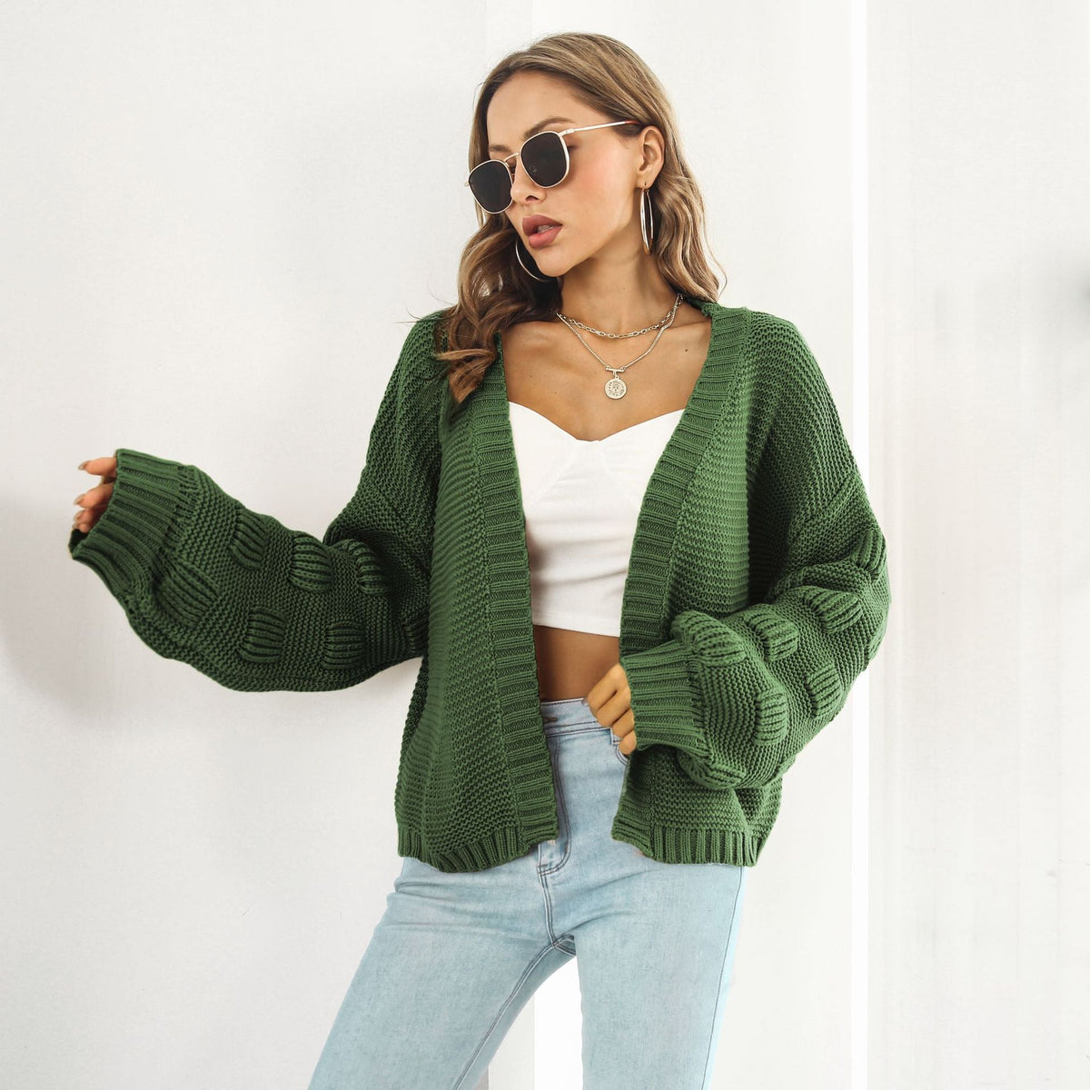 Street-wave Puff Sleeve Cardigan Sweater For Women Cozy Chunky Knit With Chic Volume Sleeves