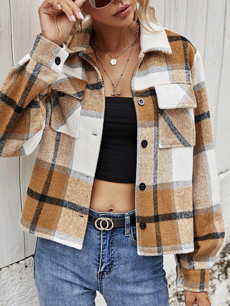Street-Wave Plaid Shirt Jacket With Chest Pockets For Women Cozy Collared Outerwear