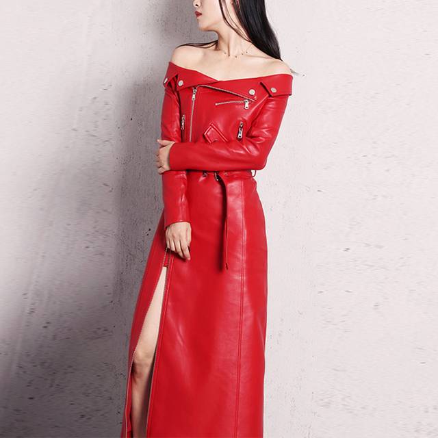 Street-Wave Red PU Leather Trench Coat With Belt Zip Front And Slit Collar Design For Urban Style