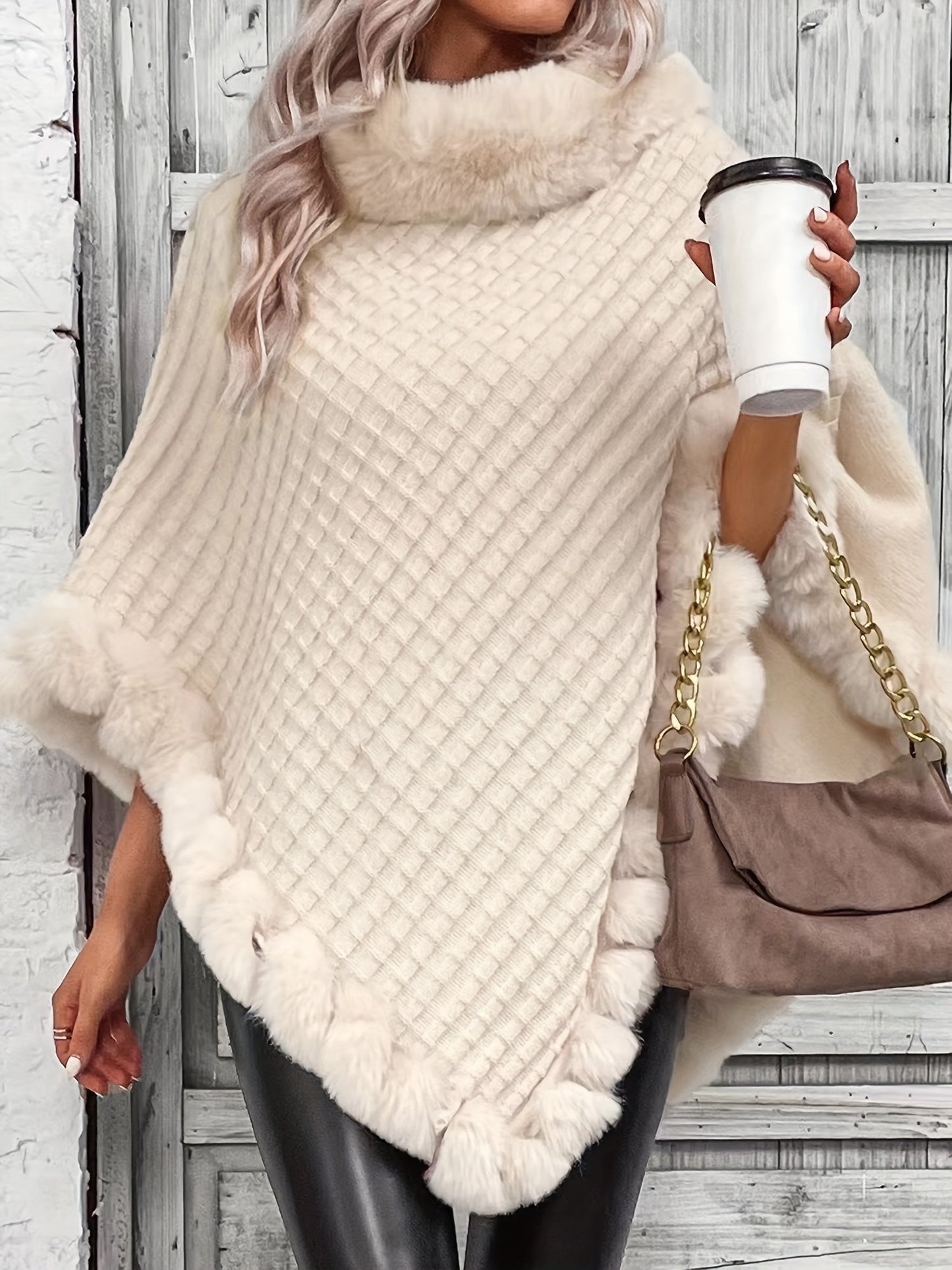 Streetwave Faux Fur Poncho With Plush Fur Trim For Women Warm Cozy Elegant Acrylic Knit