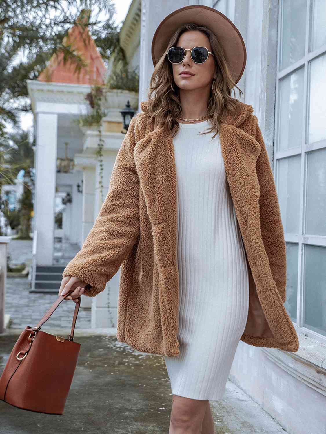 Street-Wave Teddy Coat With Pockets For Women Cozy Plush Faux Fur Warm Outerwear