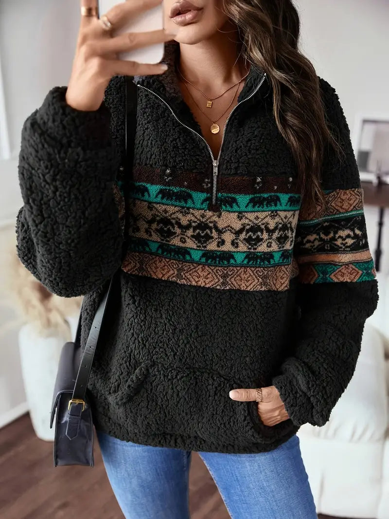 Street Wave Quarter Zip Fleece Sweatshirt Aztec Pattern For Women Soft Cozy Warmth Trendy Pullover