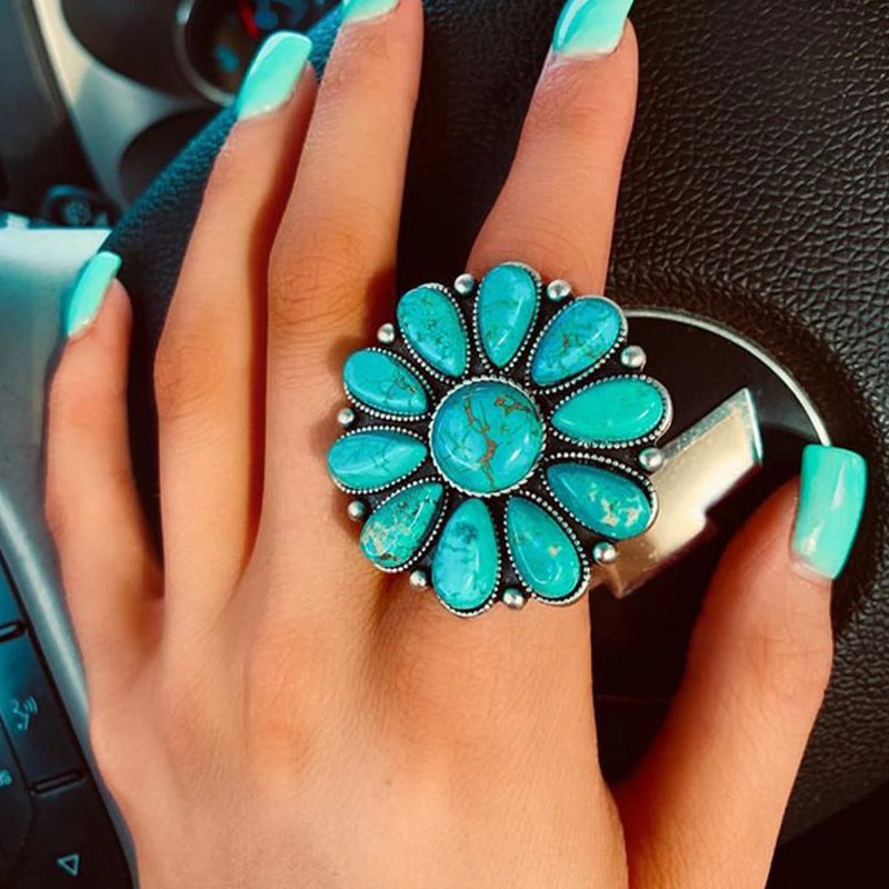 Women's Alloy Flower Ring with Turquoise Accent and Unique Design - Street-Wave