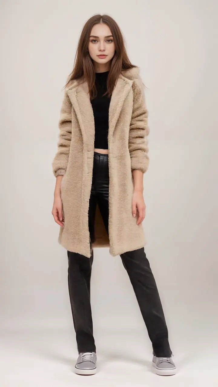 Street-Wave Teddy Jacket With Plush Texture Longline Warmth For Women Stylish Cozy Winter Outerwear