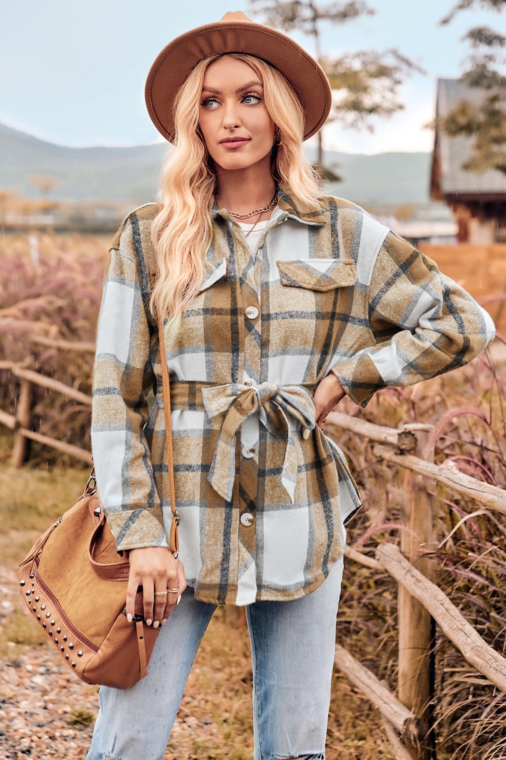 Street Wave Plaid Collared Shirt Jacket With Front Bow For Women Relaxed Fit Casual Everyday Wear