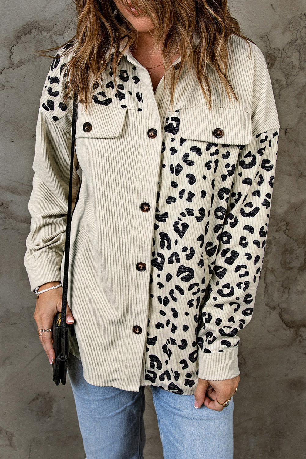 Street Wave Leopard Print Pocketed Corduroy Jacket For Women Trendy Versatile Outerwear