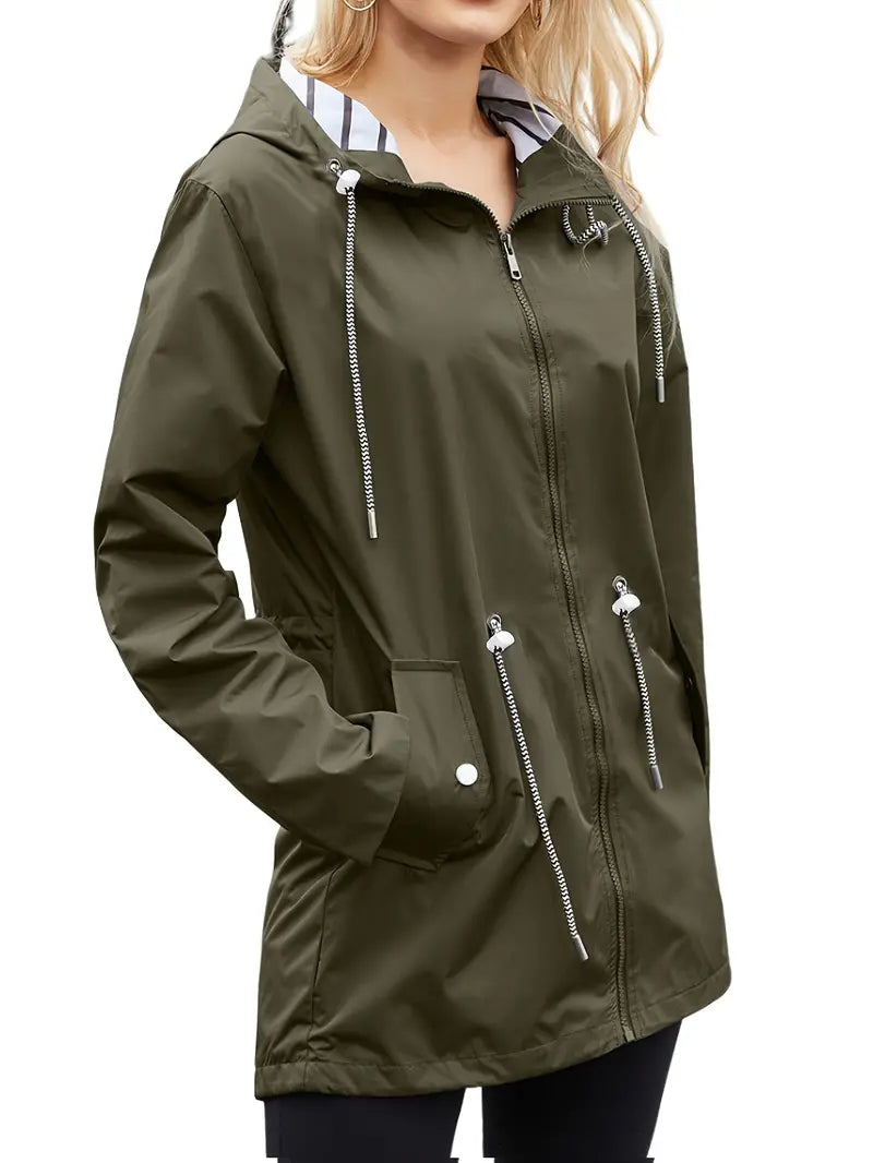 Street-Wave Waterproof Knee Length Hooded Jacket For Women All Weather Winter Rain Gear