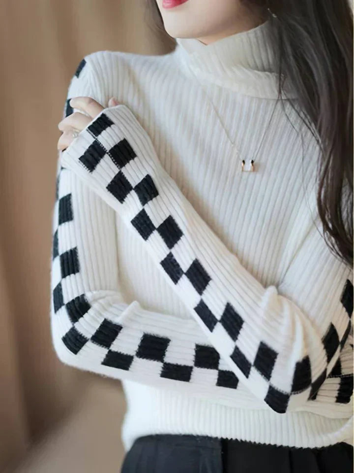 Maude Turtleneck Sweater For Women Slim Fit Warm Knit With Checker Stripe Sleeves Streetwave