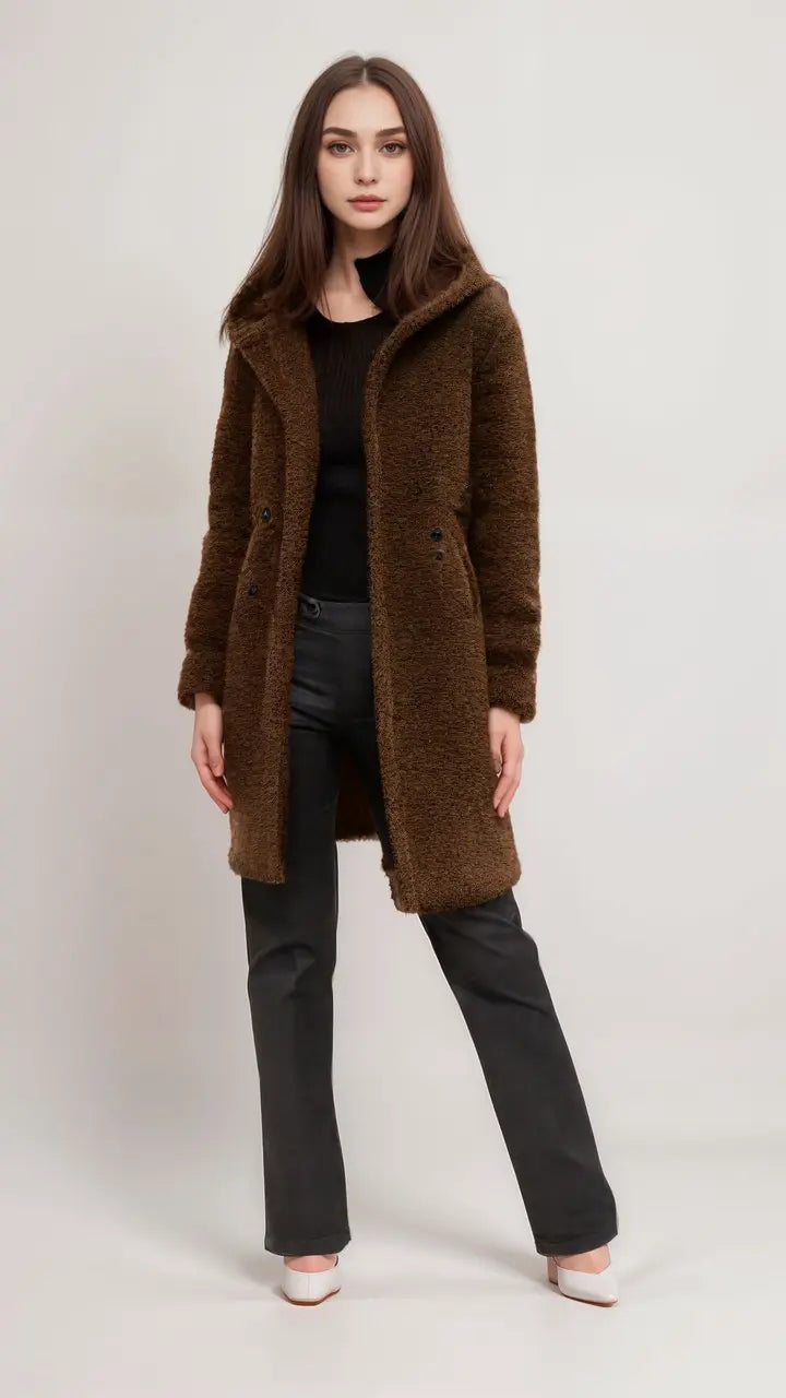 Street-Wave Teddy Jacket With Plush Texture Longline Warmth For Women Stylish Cozy Winter Outerwear