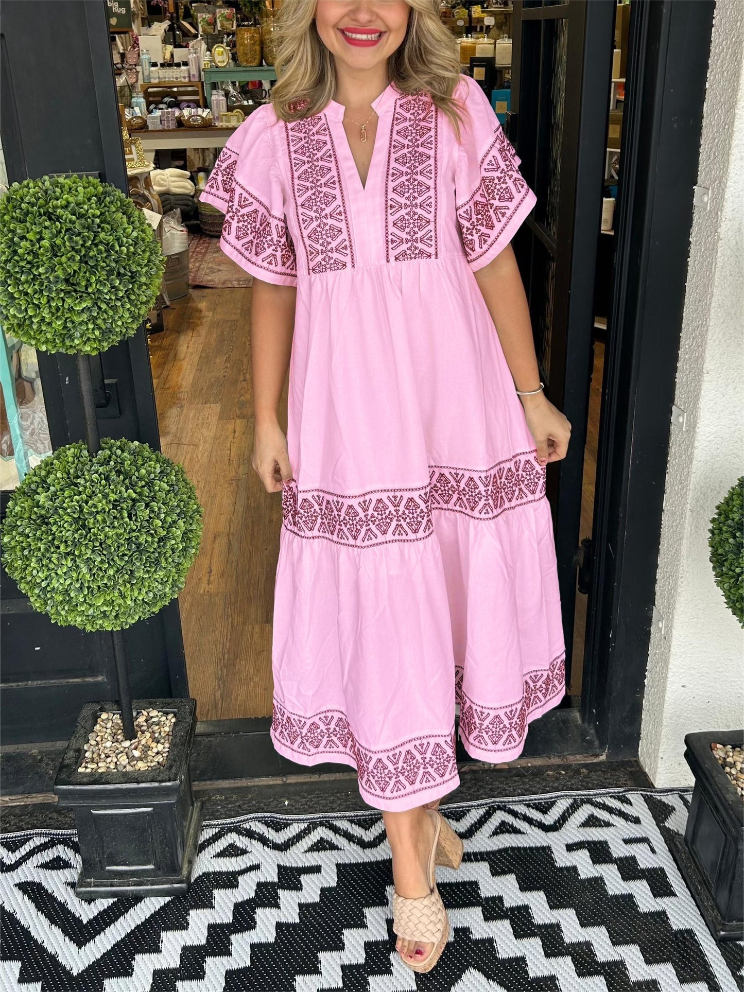 Street Wave Boho Maxi Dress Adriana Embroidered Brown Detail For Women Flattering Bohemian Style