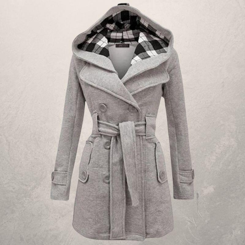 Street-wave Womens Hooded Double-Breasted Trench Coat With Belt, Classic Silhouette