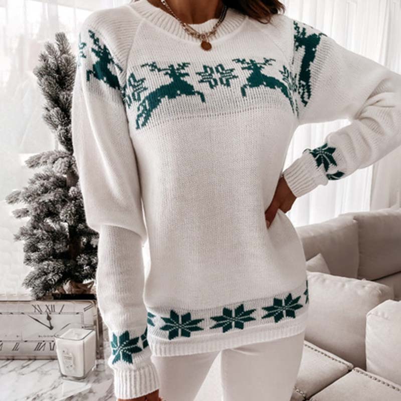 Street-Wave Christmas Jacquard Sweater For Women Cozy Warm Knit Reindeer Pattern Holiday Fashion