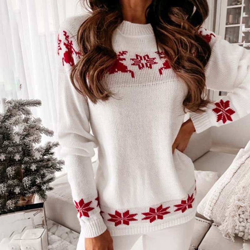 Street-Wave Christmas Jacquard Sweater For Women Cozy Warm Knit Reindeer Pattern Holiday Fashion