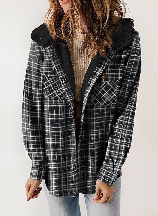 Street-Wave Plaid Wool Jacket With Hood Buckle For Women Warm Cozy All-Season Outerwear