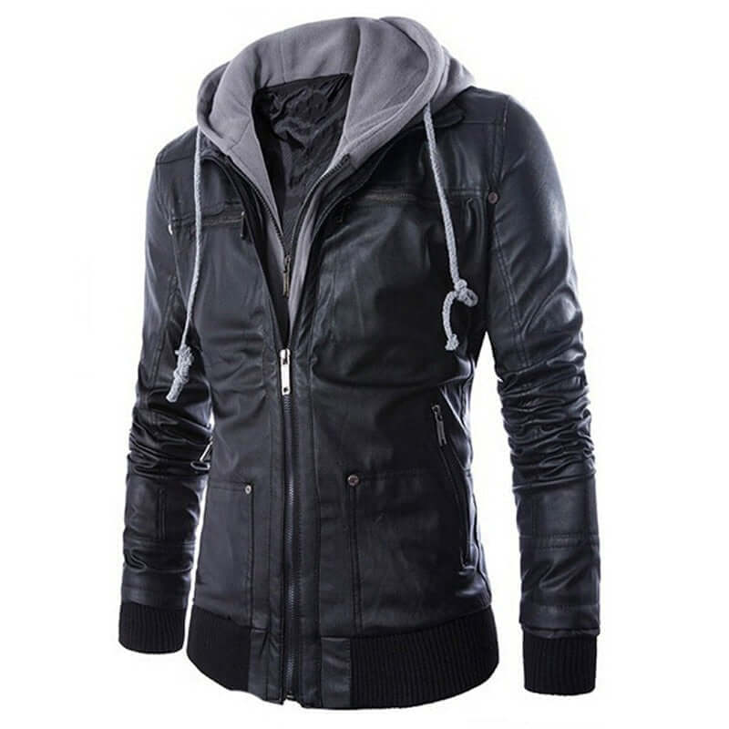 Street-Wave Mens Faux Leather Hooded Jacket Versatile Urban Outerwear For Everyday Adventures