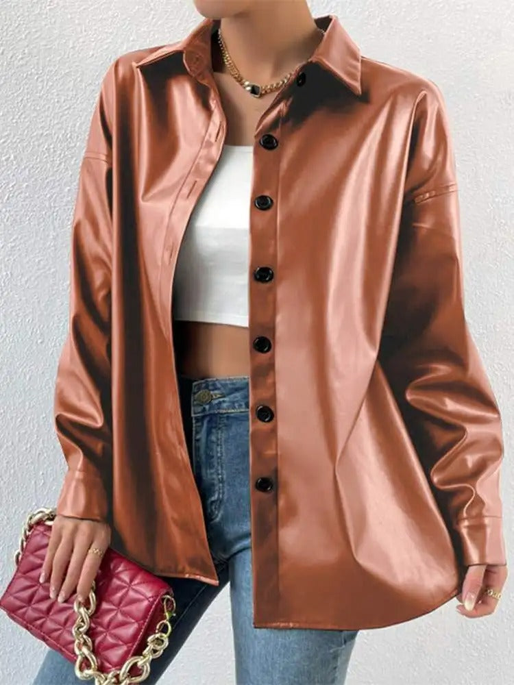 Street-wave Premium Leather Bomber Jacket With Lapel Collar And Button Closure For Urban Women