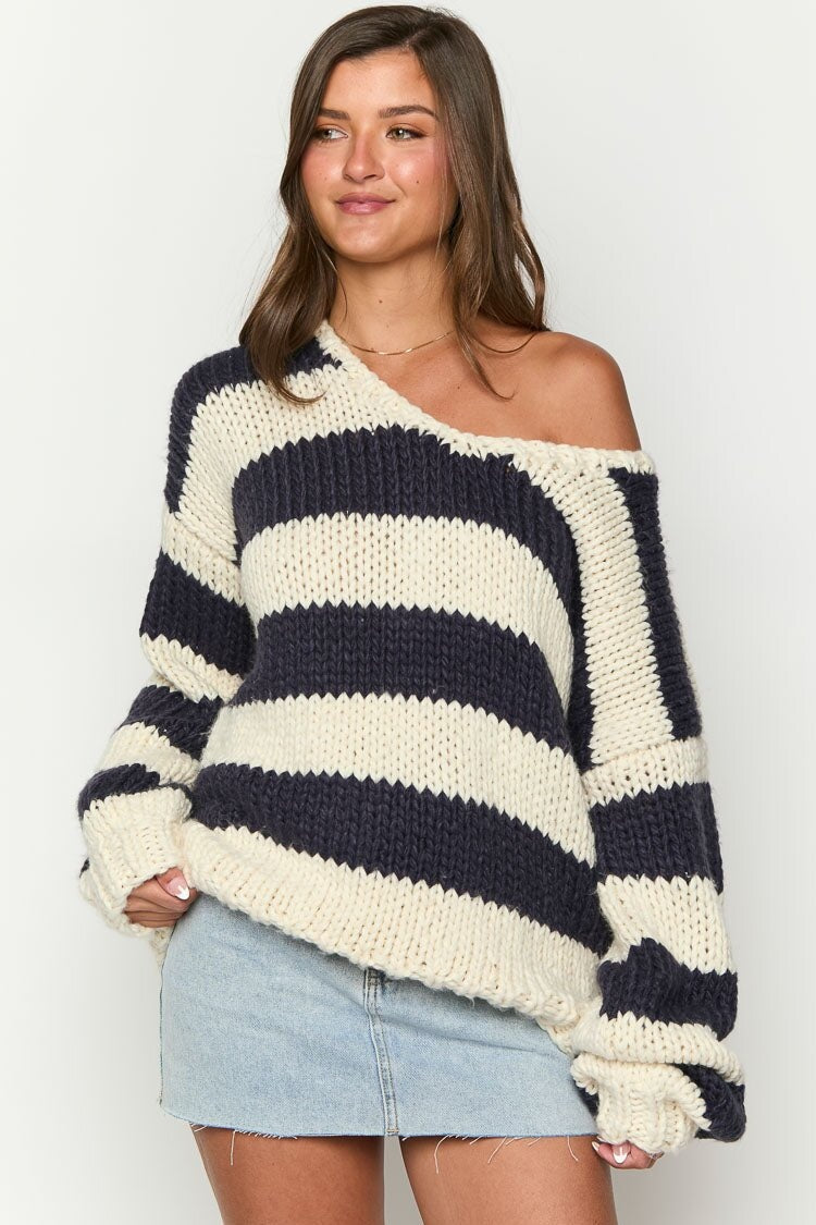 Street-wave Off Shoulder Striped Knit Sweater For Women Cozy Relaxed Fit Warmth With Playful Design