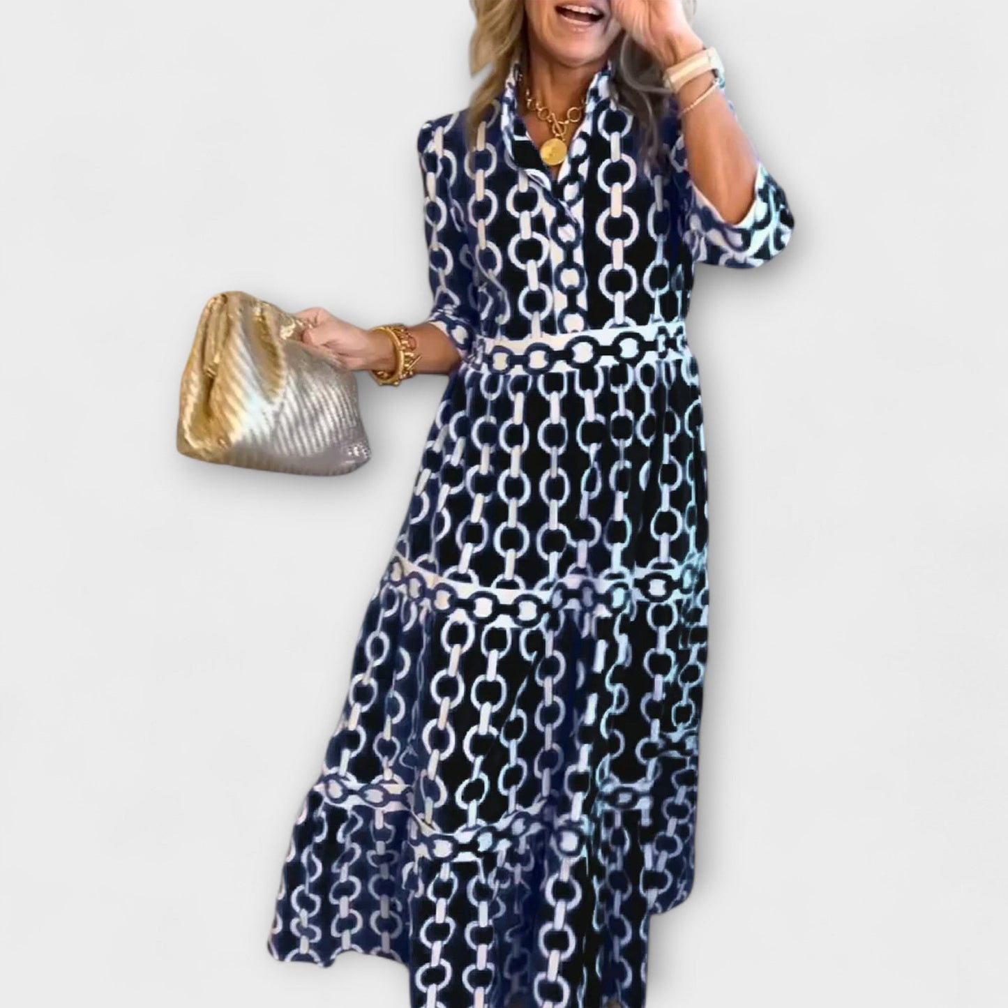 Women's Midi Dress with Chain Pattern and Sleeveless Design