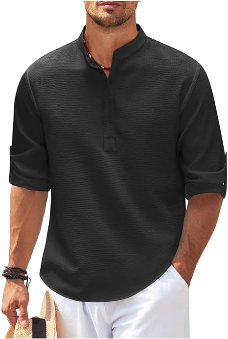 Street-Wave Men's Band Collar Shirt Lightweight Cotton Relaxed Fit Casual