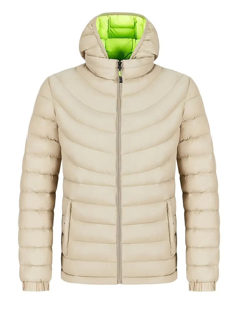 Street Wave Hooded Puffer Jacket For Men Warm Insulated Winter Coat With High Collar