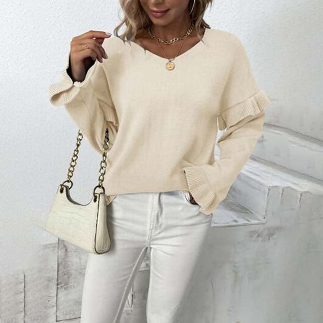 Street-Wave V-Neck Ruffle Soft Cotton Sweater For Women