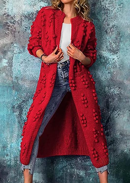 Street-wave Longline Chunky Knit Cardigan For Women With Textured Bobble Detail Timeless Style