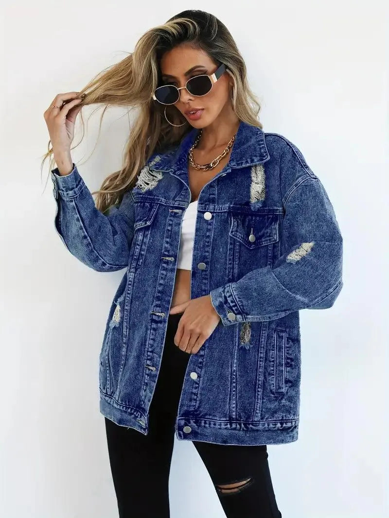Street-wave Oversized Denim Jacket For Women Warm Cozy Fit Distressed Details Vintage Look