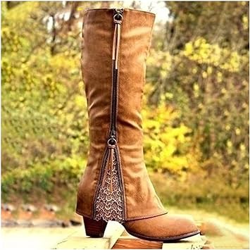 Streetwave Weinlese High Heel Boots for Fashion Forward Women Luxe Leather Knee High Zip and Lace Accents