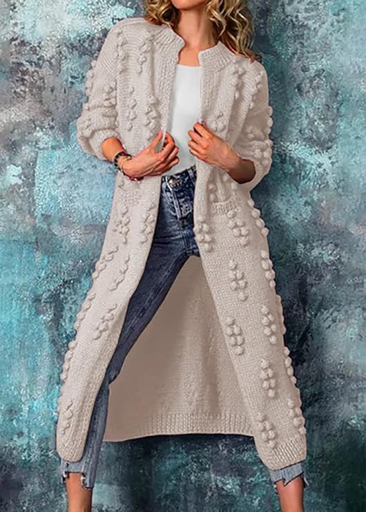 Street-wave Longline Chunky Knit Cardigan For Women With Textured Bobble Detail Timeless Style