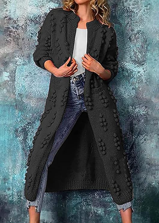 Street-wave Longline Chunky Knit Cardigan For Women With Textured Bobble Detail Timeless Style