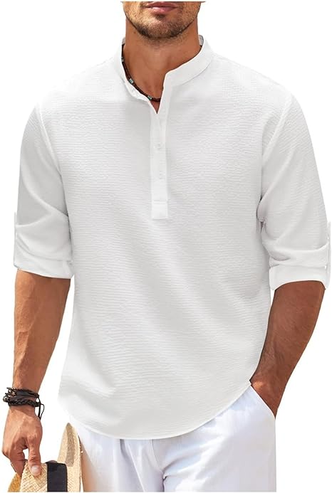 Street-Wave Men's Band Collar Shirt Lightweight Cotton Relaxed Fit Casual