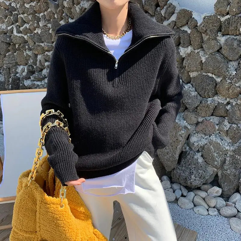 Street-wave Thick Knit Zip Collar Pullover For Autumn Layering - Cozy Warmth, Modern Style For Women