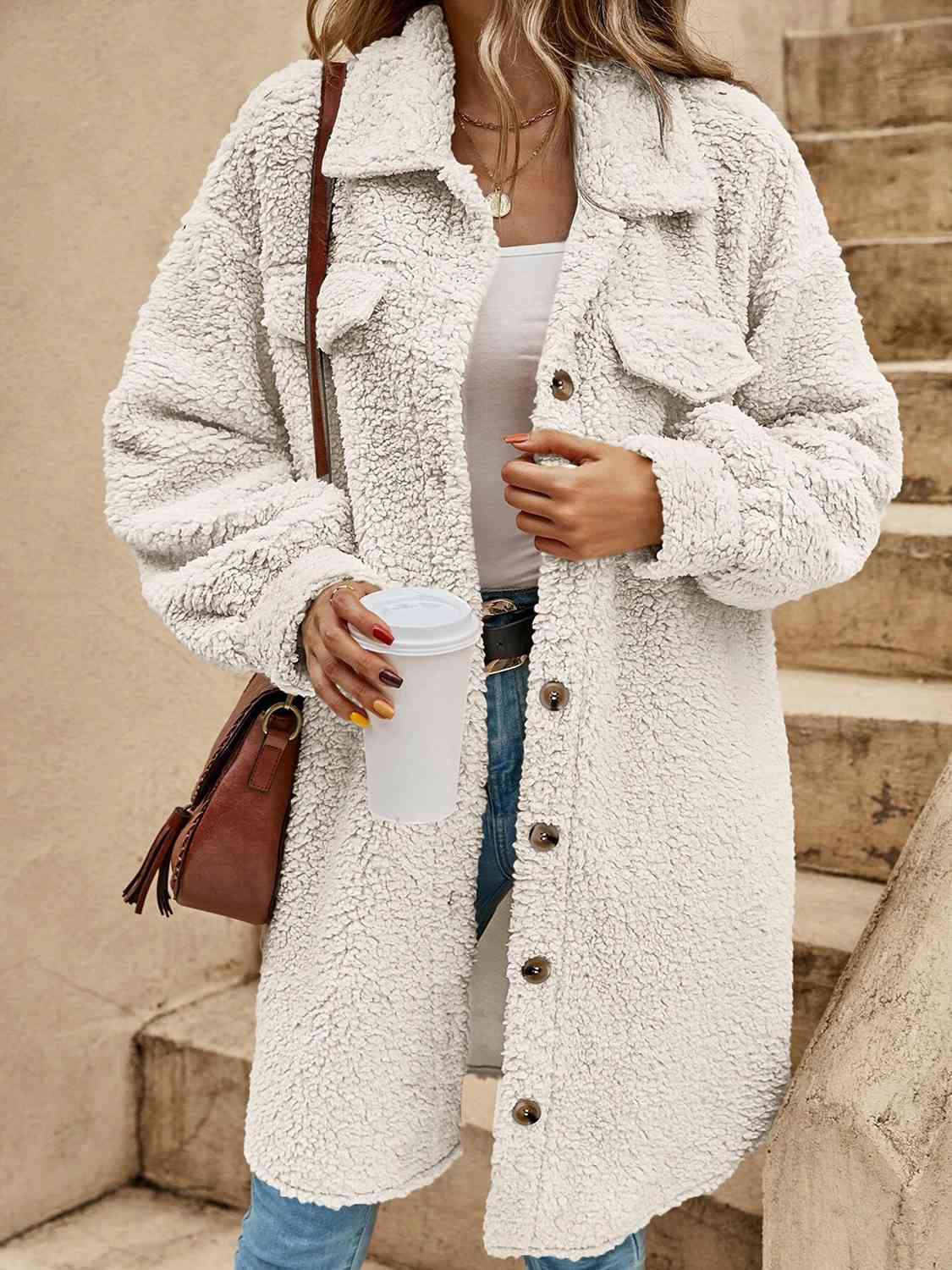 Street-Wave Teddy Sherpa Coat For Women, Button-Down Collar, Cozy Warmth, Easy Care Polyester