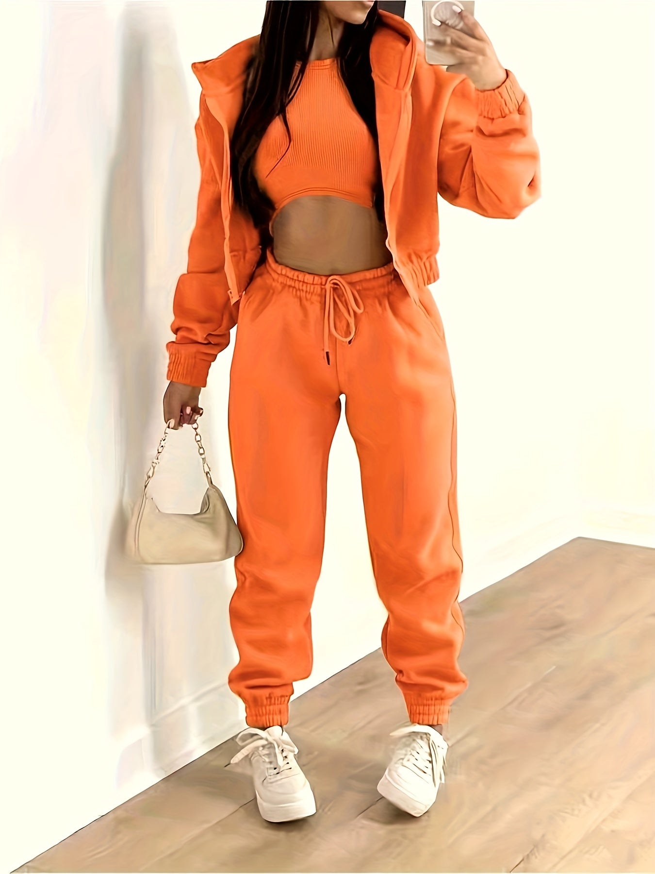 Street-Wave Three Piece Hoodie Tank Top Jogger Set For Women Comfort Casual Everyday Wear